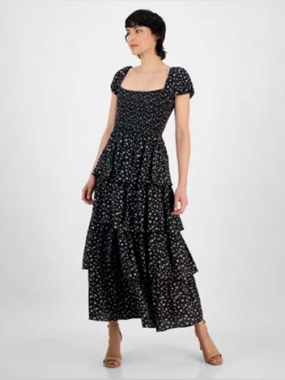 Dizzy Lizzy Smocked Puff-Sleeve Floral Maxi Dress - Black Floral Size S NWT